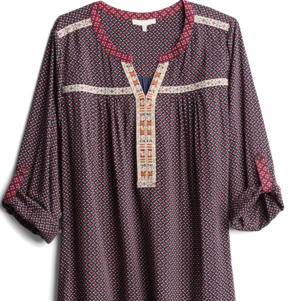 Skies Are Blue Navy Orange Boho Blouse Mixed Material Plus Size 2X